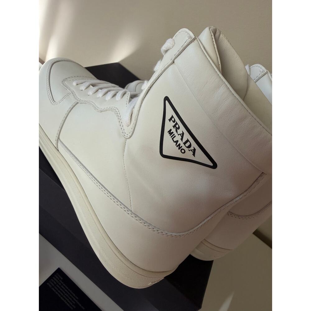 Prada White Sneakers Vitello High Top Leather Trainers Size 41 100% Authentic - Picture 2 of 12